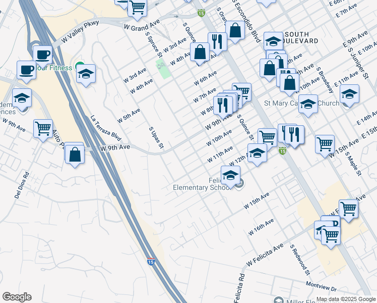 map of restaurants, bars, coffee shops, grocery stores, and more near 910 West 10th Avenue in Escondido