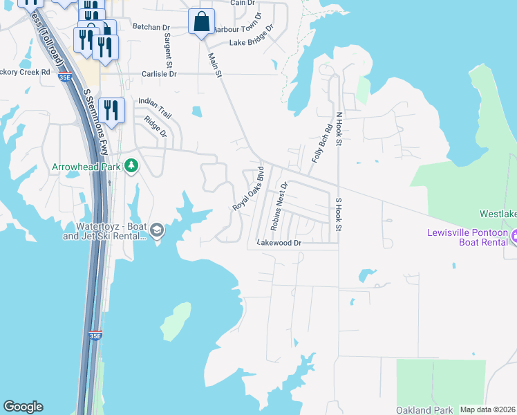 map of restaurants, bars, coffee shops, grocery stores, and more near 24 Lakewood Drive in Lake Dallas