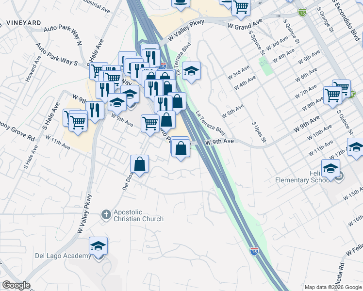 map of restaurants, bars, coffee shops, grocery stores, and more near 1275 West 9th Avenue in Escondido