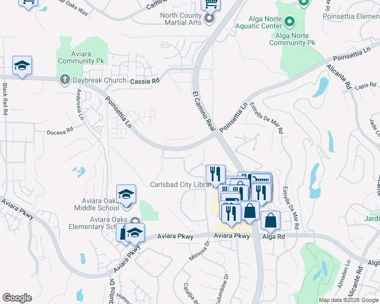 map of restaurants, bars, coffee shops, grocery stores, and more near 1767 Oriole Court in Carlsbad