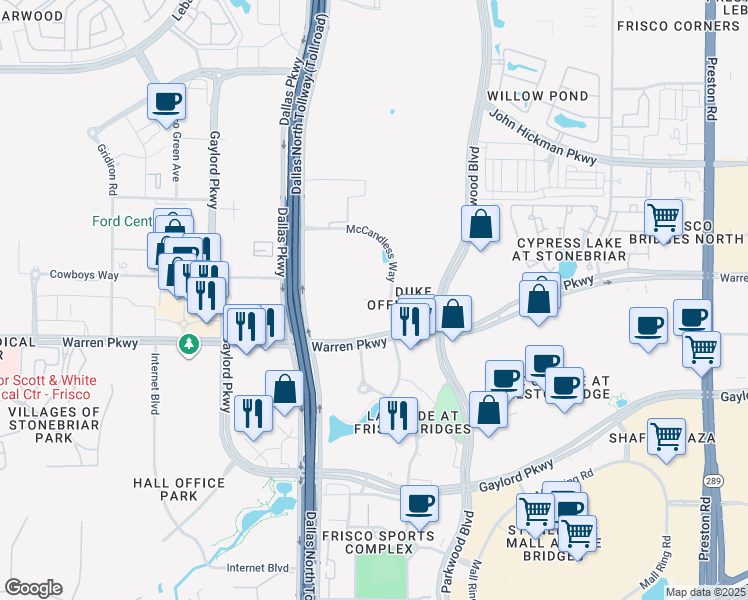 map of restaurants, bars, coffee shops, grocery stores, and more near 7460 Warren Parkway in Frisco