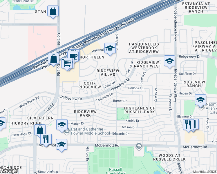 map of restaurants, bars, coffee shops, grocery stores, and more near 3520 Pillar Drive in Plano
