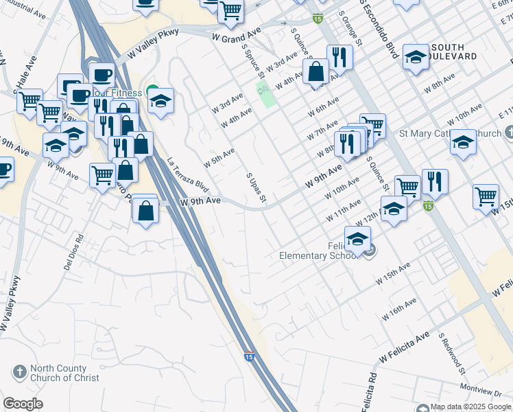 map of restaurants, bars, coffee shops, grocery stores, and more near 1010 West 9th Avenue in Escondido