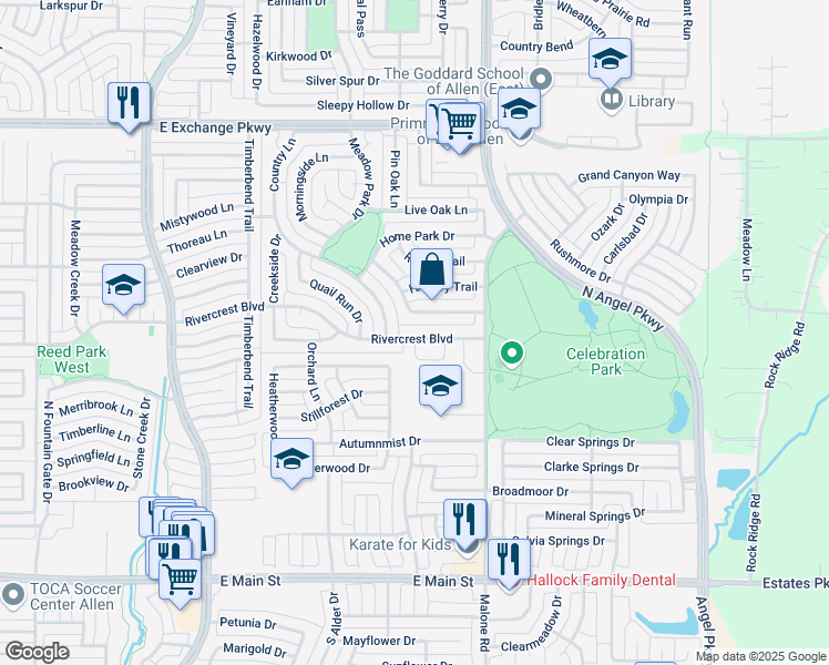 map of restaurants, bars, coffee shops, grocery stores, and more near 1525 Rivercrest Boulevard in Allen
