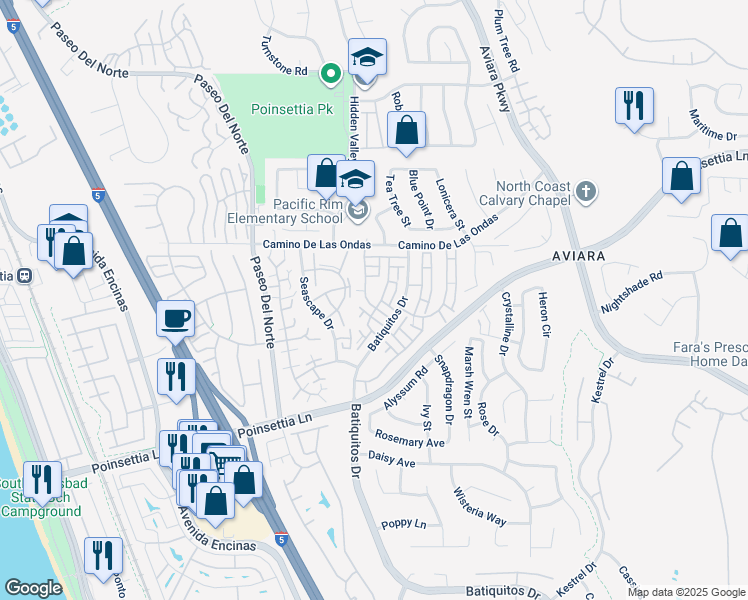 map of restaurants, bars, coffee shops, grocery stores, and more near 6848 Alderwood Drive in Carlsbad