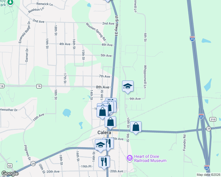 map of restaurants, bars, coffee shops, grocery stores, and more near 7900 U.S. 31 in Calera