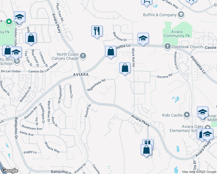 map of restaurants, bars, coffee shops, grocery stores, and more near 6618 Vireo Court in Carlsbad