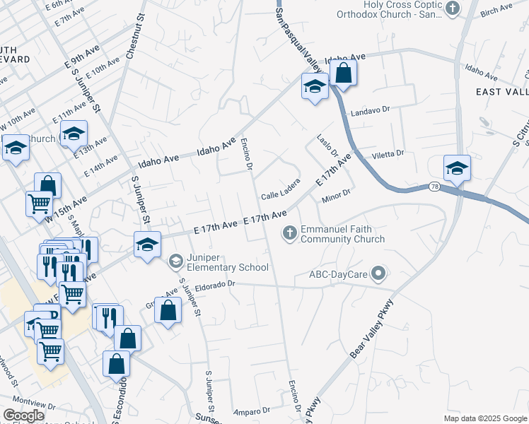 map of restaurants, bars, coffee shops, grocery stores, and more near 616 East 17th Avenue in Escondido