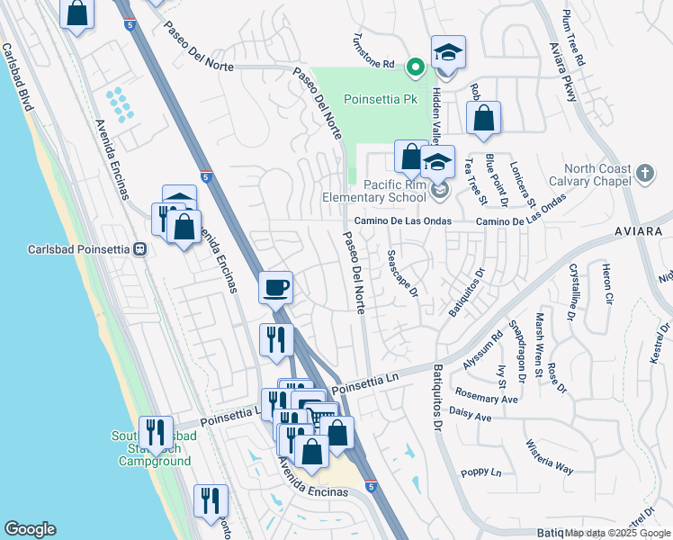 map of restaurants, bars, coffee shops, grocery stores, and more near 6851 Watercourse Drive in Carlsbad