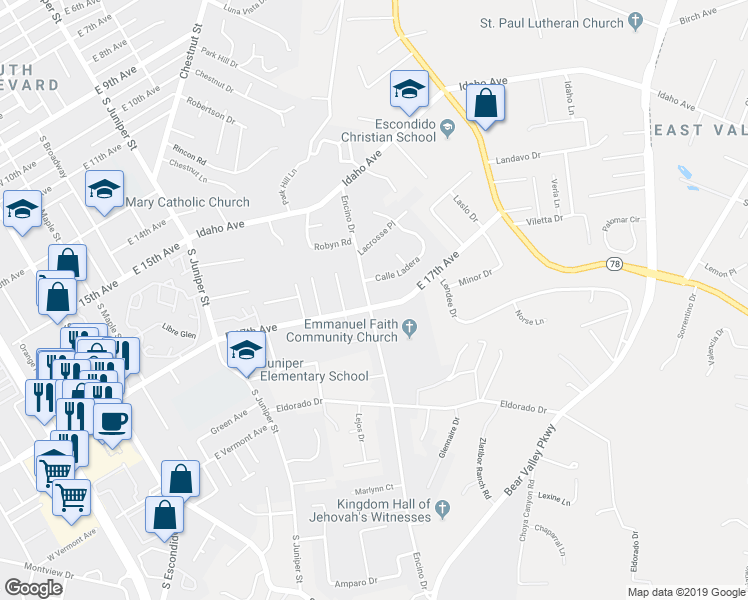 map of restaurants, bars, coffee shops, grocery stores, and more near 616 East 17th Avenue in Escondido