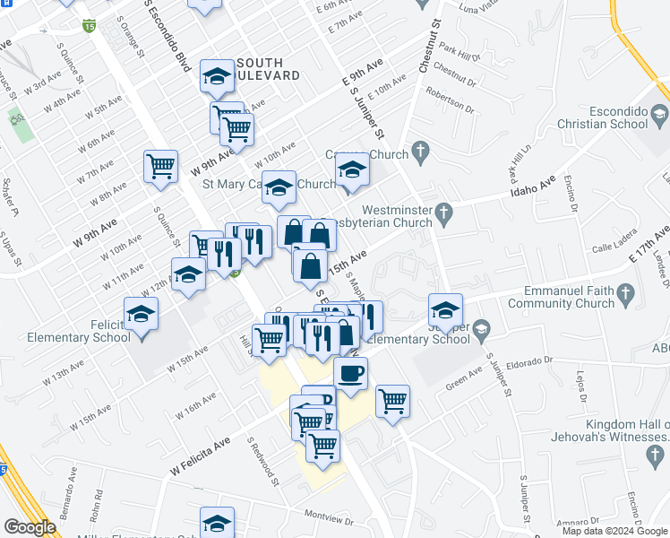map of restaurants, bars, coffee shops, grocery stores, and more near 1440 E South Escondido Boulevard in Escondido