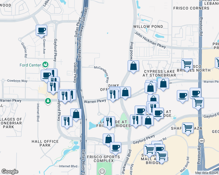 map of restaurants, bars, coffee shops, grocery stores, and more near 7668 Warren Parkway in Frisco