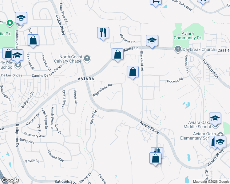 map of restaurants, bars, coffee shops, grocery stores, and more near 6618 Vireo Court in Carlsbad