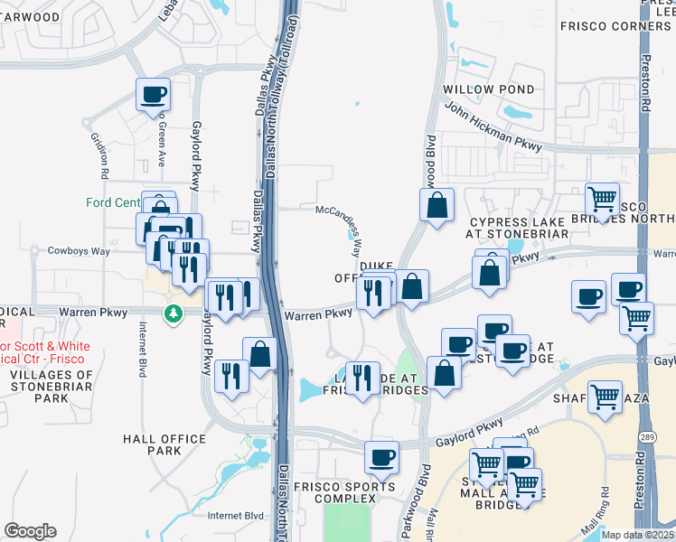map of restaurants, bars, coffee shops, grocery stores, and more near 7460 Warren Parkway in Frisco