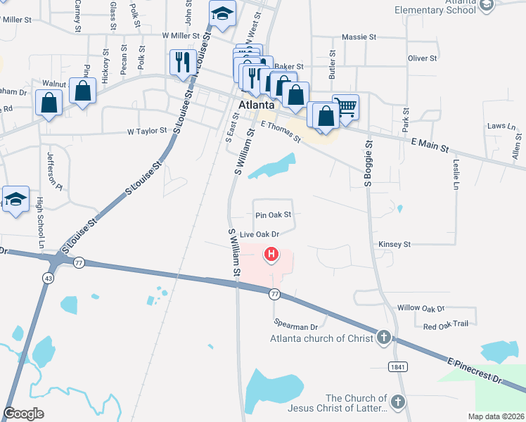 map of restaurants, bars, coffee shops, grocery stores, and more near 304 Pin Oak Street in Atlanta