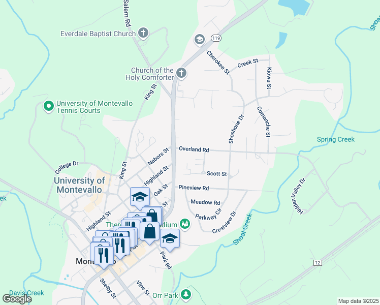 map of restaurants, bars, coffee shops, grocery stores, and more near 190 Overland Road in Montevallo