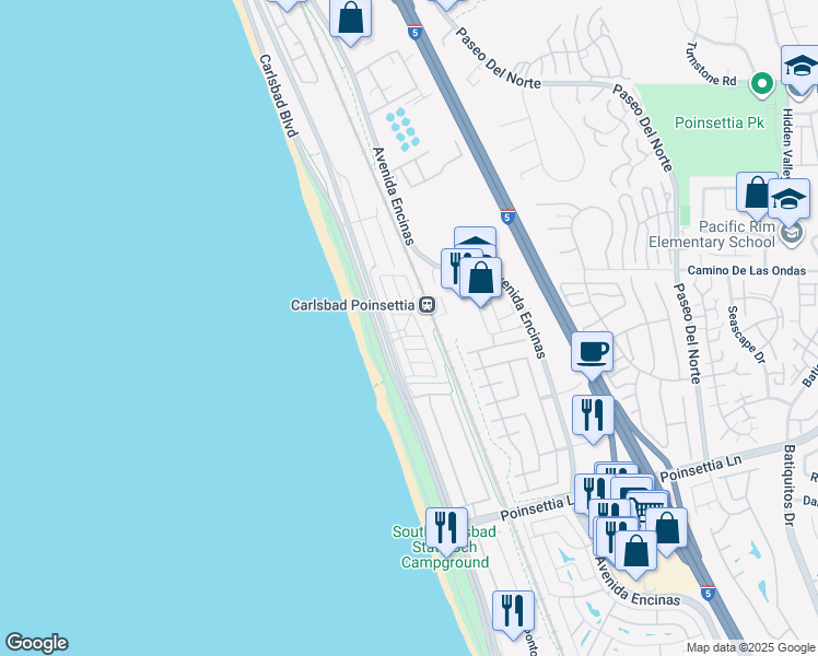 map of restaurants, bars, coffee shops, grocery stores, and more near 6550 Ponto Drive in Carlsbad