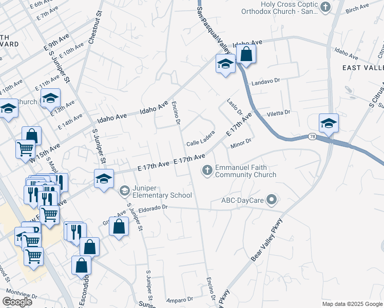 map of restaurants, bars, coffee shops, grocery stores, and more near 616 East 17th Avenue in Escondido