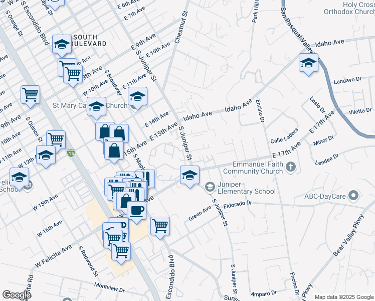 map of restaurants, bars, coffee shops, grocery stores, and more near 1660 South Juniper Street in Escondido