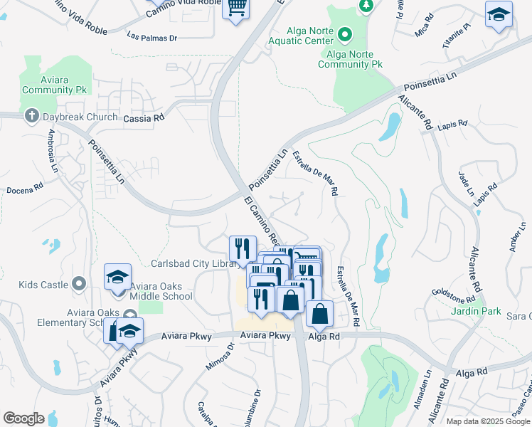 map of restaurants, bars, coffee shops, grocery stores, and more near 6905 Quail Place in Carlsbad