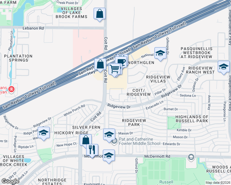 map of restaurants, bars, coffee shops, grocery stores, and more near 9600 Coit Road in Plano