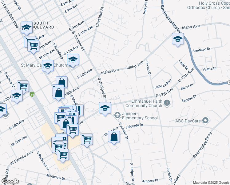 map of restaurants, bars, coffee shops, grocery stores, and more near 1630 South Juniper Street in Escondido