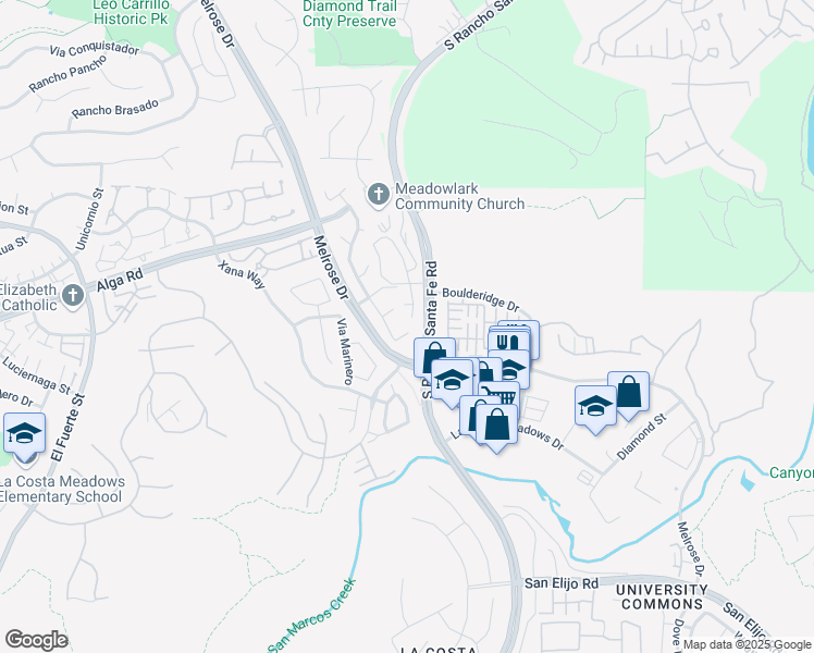 map of restaurants, bars, coffee shops, grocery stores, and more near 2127 Meadowlark Ranch Circle in San Marcos