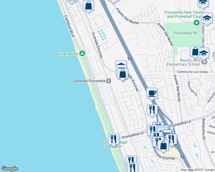 map of restaurants, bars, coffee shops, grocery stores, and more near 6550 Ponto Drive in Carlsbad