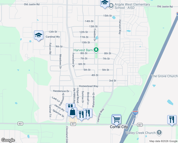 map of restaurants, bars, coffee shops, grocery stores, and more near 1417 5th Street in Argyle
