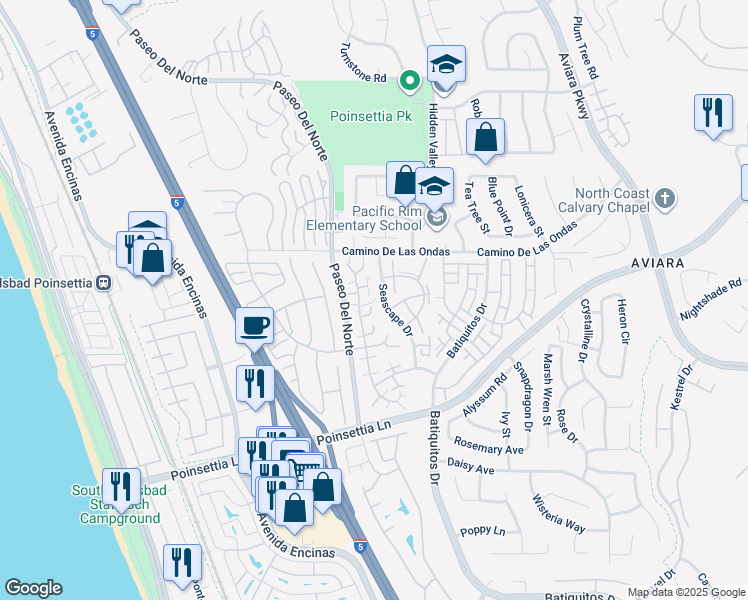 map of restaurants, bars, coffee shops, grocery stores, and more near 870 Ginger Avenue in Carlsbad