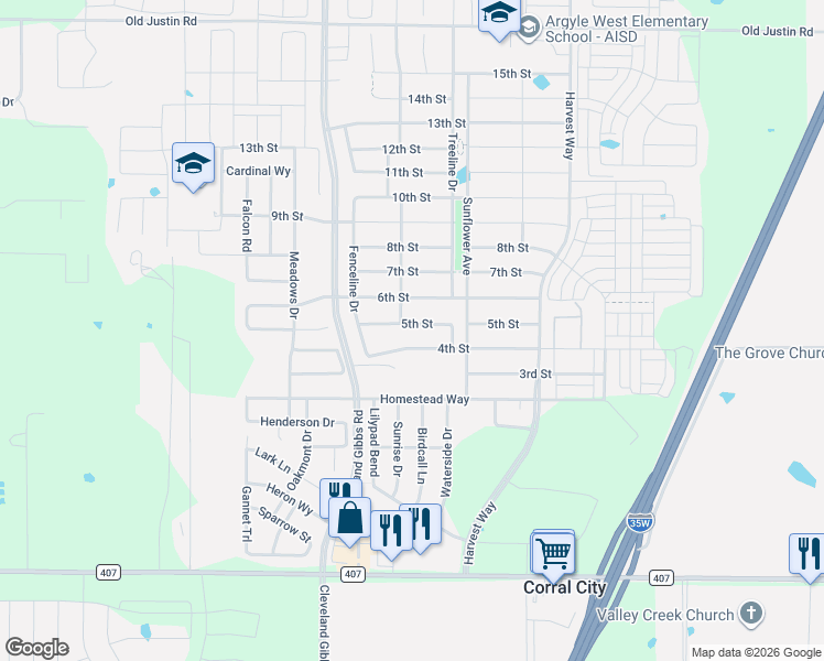map of restaurants, bars, coffee shops, grocery stores, and more near 1408 4th Street in Argyle