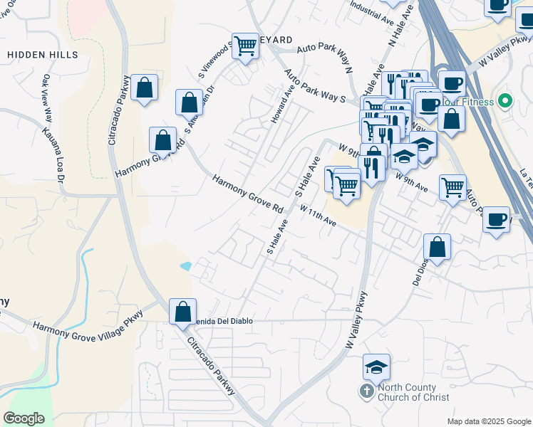 map of restaurants, bars, coffee shops, grocery stores, and more near 1163 Symphony Place in Escondido