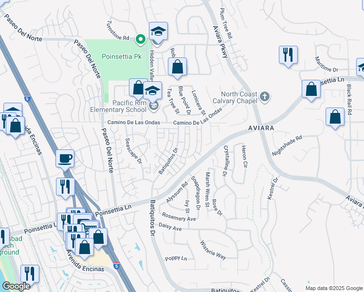 map of restaurants, bars, coffee shops, grocery stores, and more near 6869 Maple Leaf Drive in Carlsbad