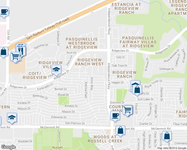 map of restaurants, bars, coffee shops, grocery stores, and more near 3109 Angus Drive in Plano