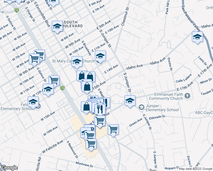 map of restaurants, bars, coffee shops, grocery stores, and more near 109 West 15th Avenue in Escondido