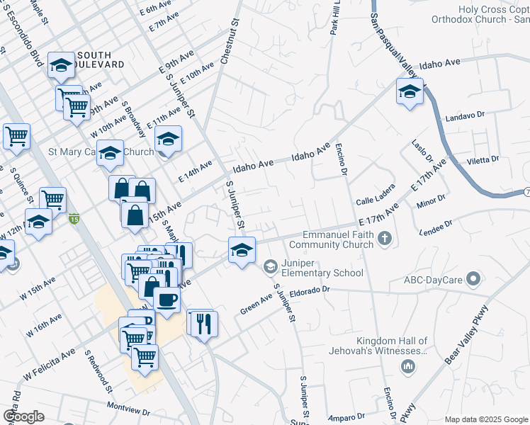 map of restaurants, bars, coffee shops, grocery stores, and more near 1651 S Juniper in Escondido