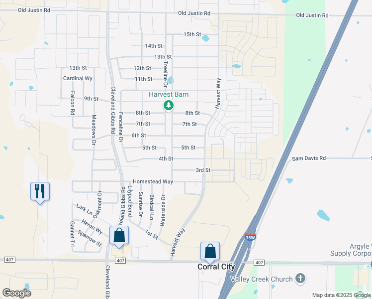 map of restaurants, bars, coffee shops, grocery stores, and more near 1209 5th Street in Argyle