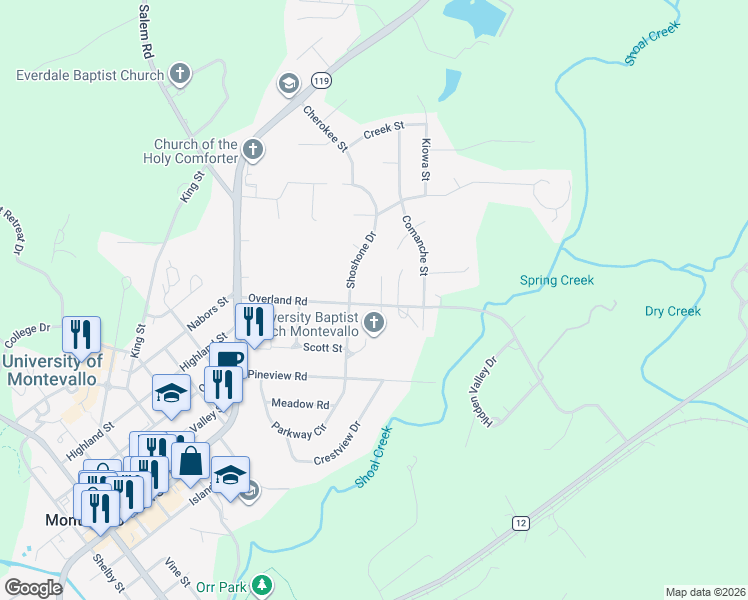 map of restaurants, bars, coffee shops, grocery stores, and more near 435 Overland Road in Montevallo