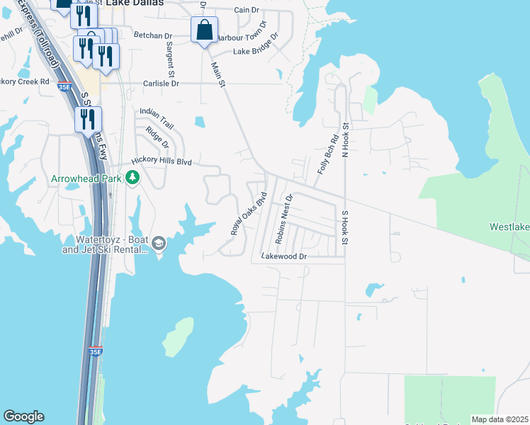 map of restaurants, bars, coffee shops, grocery stores, and more near 20 Lakewood Drive in Lake Dallas