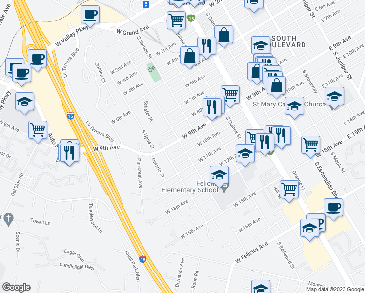map of restaurants, bars, coffee shops, grocery stores, and more near South Tulip Street in Escondido