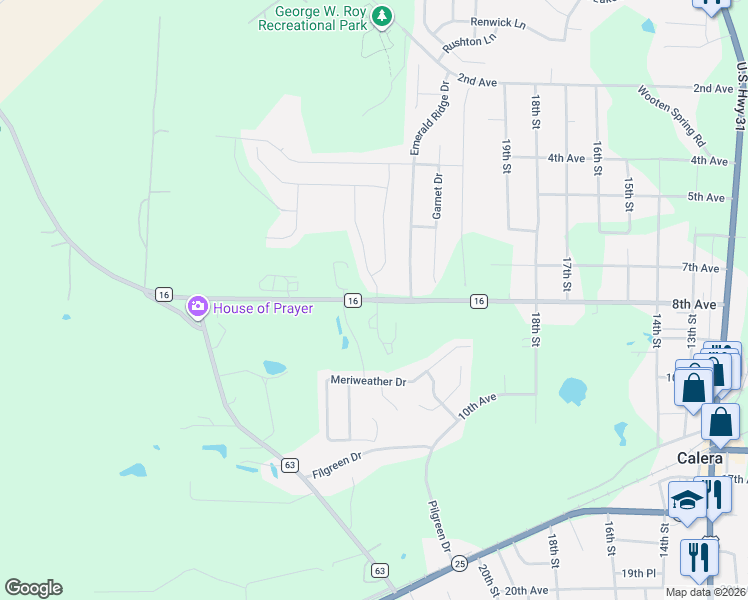 map of restaurants, bars, coffee shops, grocery stores, and more near 2156 County Road 16 in Calera