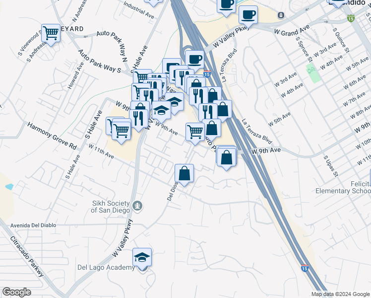 map of restaurants, bars, coffee shops, grocery stores, and more near 991 Del Dios Road in Escondido
