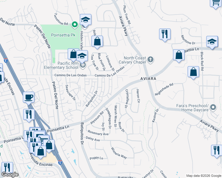 map of restaurants, bars, coffee shops, grocery stores, and more near 951 Boxwood Court in Carlsbad