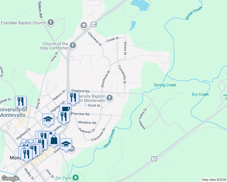 map of restaurants, bars, coffee shops, grocery stores, and more near 435 Overland Road in Montevallo