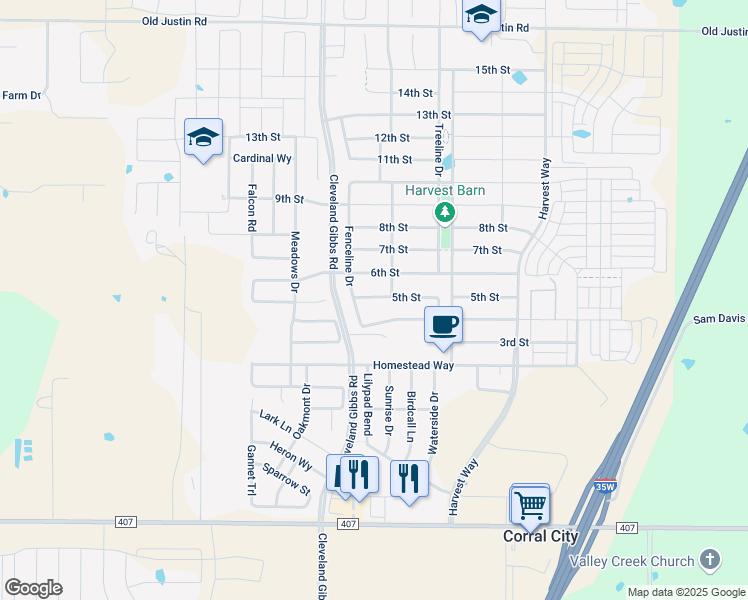 map of restaurants, bars, coffee shops, grocery stores, and more near 1517 5th Street in Argyle