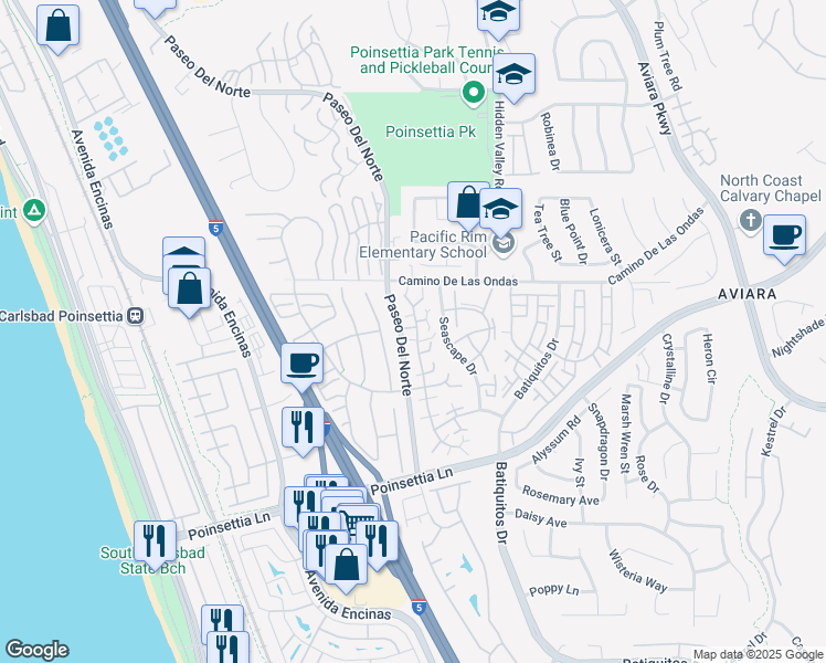 map of restaurants, bars, coffee shops, grocery stores, and more near 6865 Carnation Drive in Carlsbad