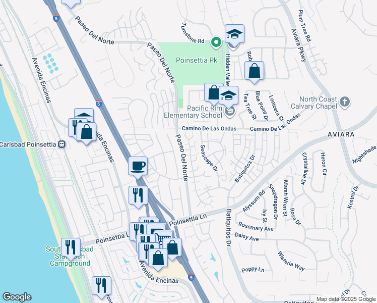 map of restaurants, bars, coffee shops, grocery stores, and more near 870 Ginger Avenue in Carlsbad