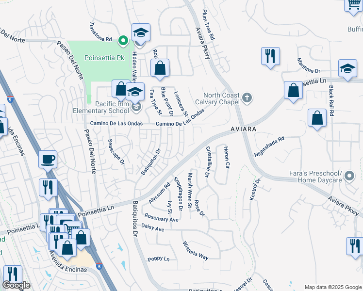 map of restaurants, bars, coffee shops, grocery stores, and more near 6848 Briarwood Drive in Carlsbad