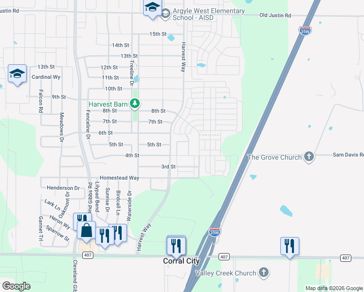 map of restaurants, bars, coffee shops, grocery stores, and more near Praire Mound Rd in Argyle