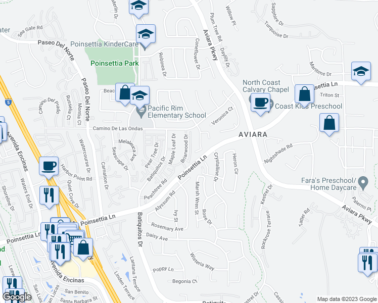 map of restaurants, bars, coffee shops, grocery stores, and more near 6848 Briarwood Drive in Carlsbad